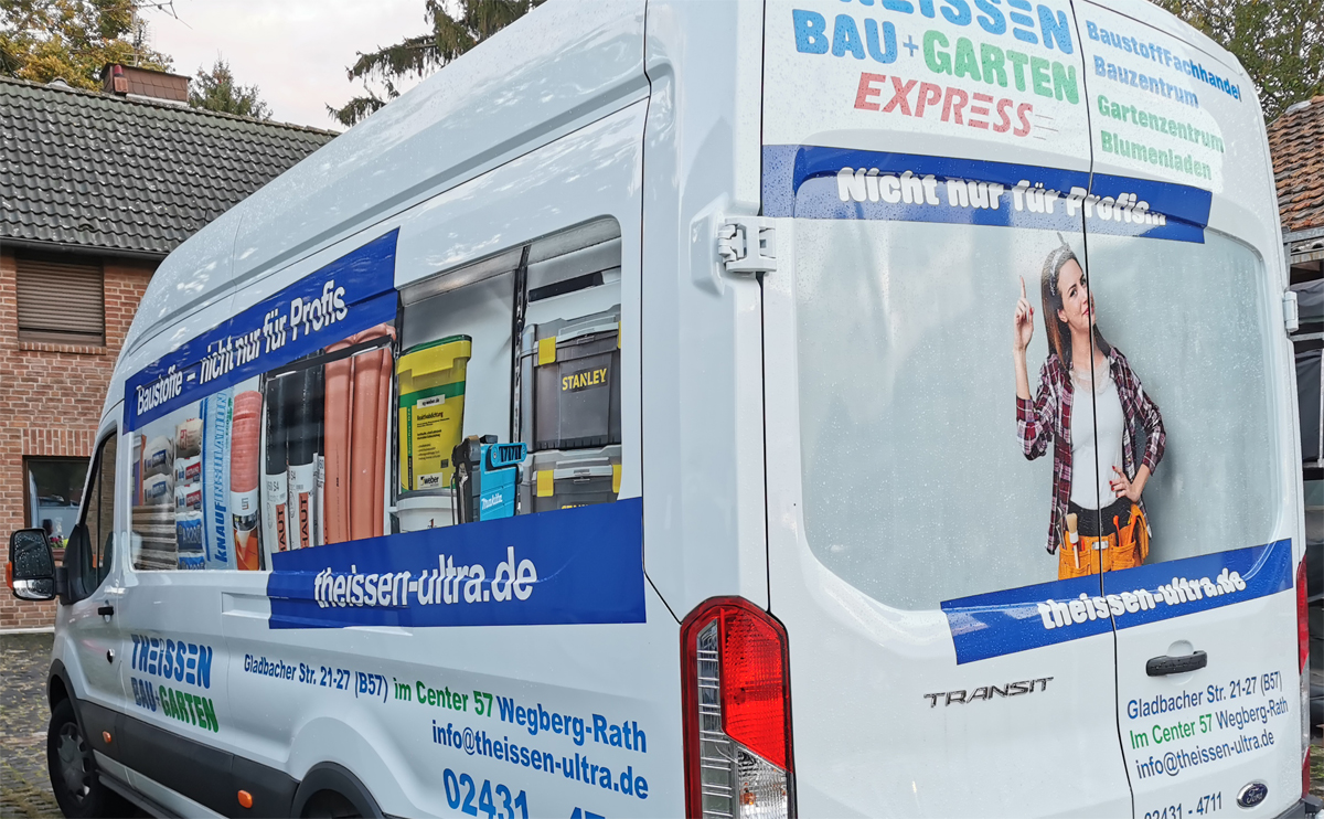 Transporterbeschriftung (Ford Transit) für Theissen Bau+Garten aus Wegberg