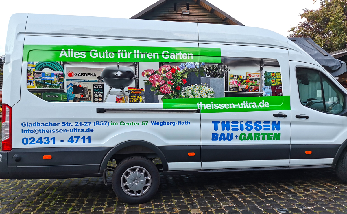 Transporterbeschriftung (Ford Transit) für Theissen Bau+Garten aus Wegberg