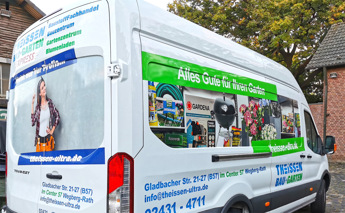 Transporterbeschriftung (Ford Transit) für Theissen Bau+Garten aus Wegberg